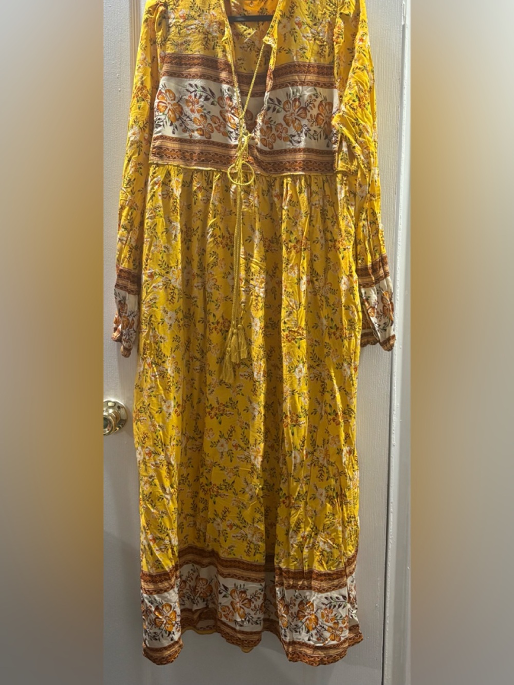 Boho Floral Maxi Dress in Yellow with Tassel Tie